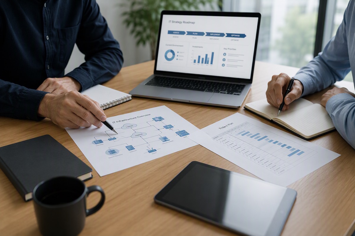 Two people reviewing business IT on a laptop