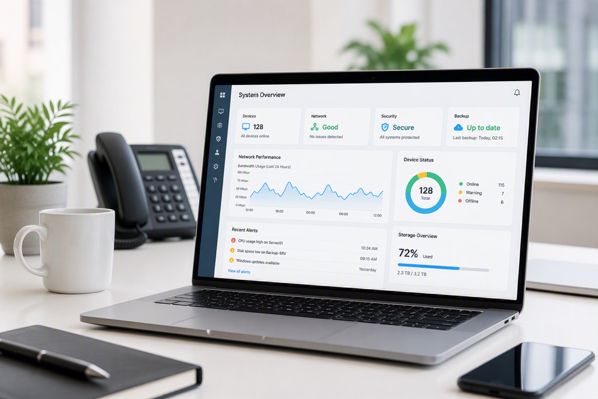 Laptop showing a clear overview of devices, security and updates
