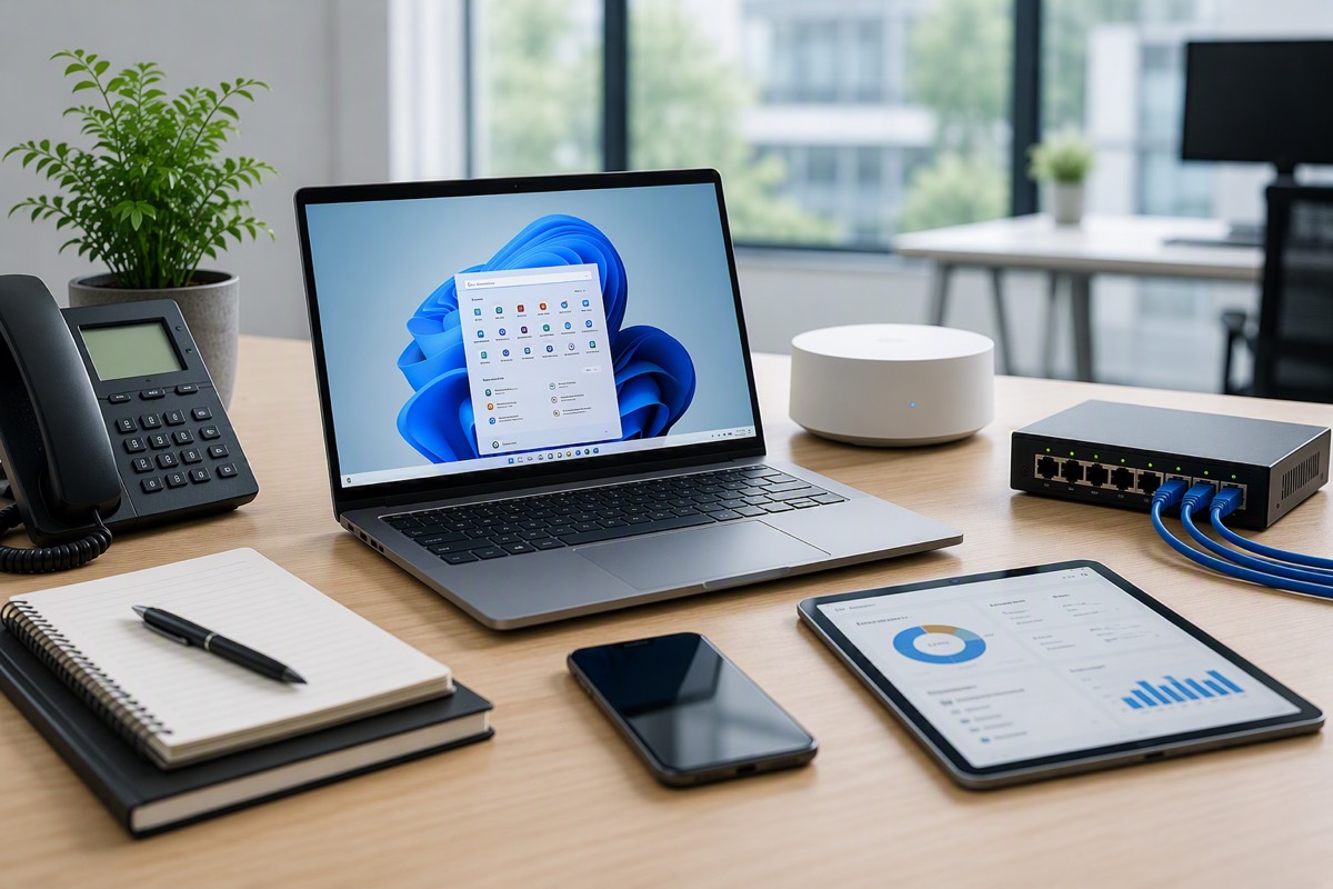 Office desk with laptop and notes used for day-to-day IT planning